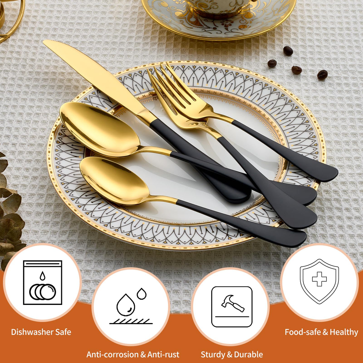 Lekoton salad forks in gold-black finish elevate casual and formal salads.