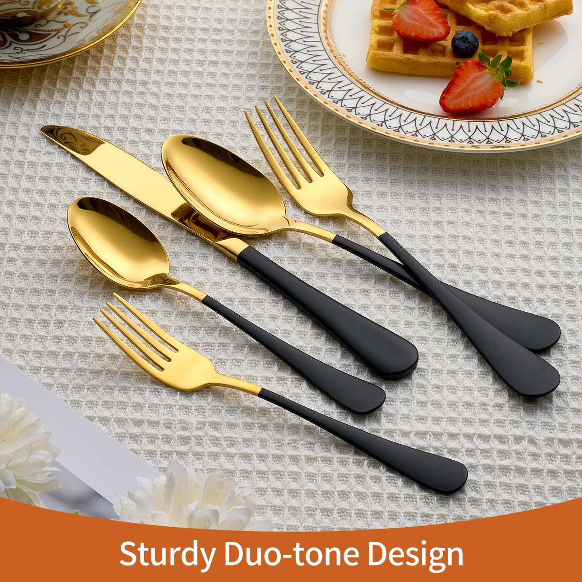 Lekoton teaspoons in gold-black finish pair with daily beverages.
