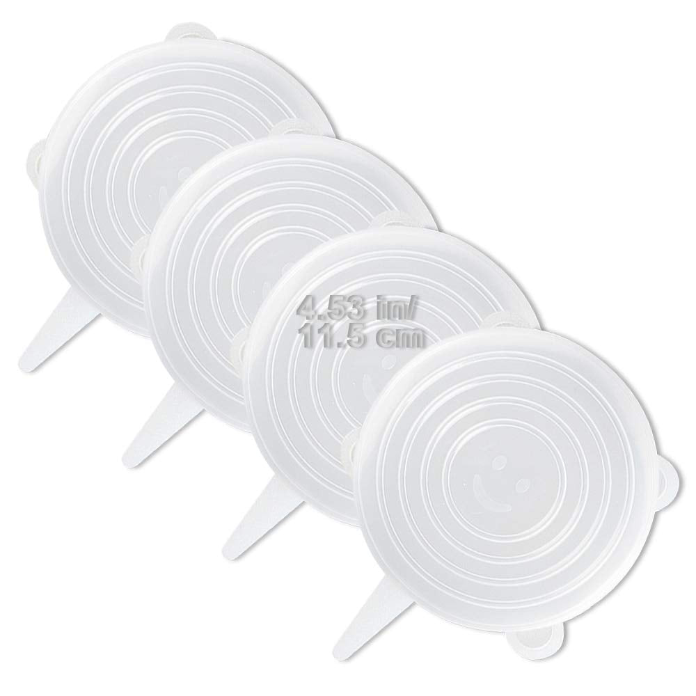 LELE LIFE silicone lids 4-pack for 11.5 cm containers, adaptable to different sizes.
