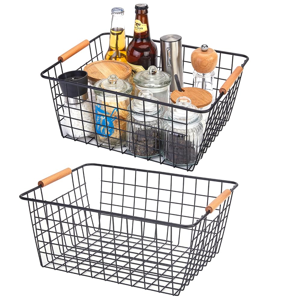 LeleCAT large black wire basket with wooden handles for easy pantry organization.