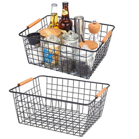 LeleCAT large black wire basket with wooden handles for easy pantry organization.