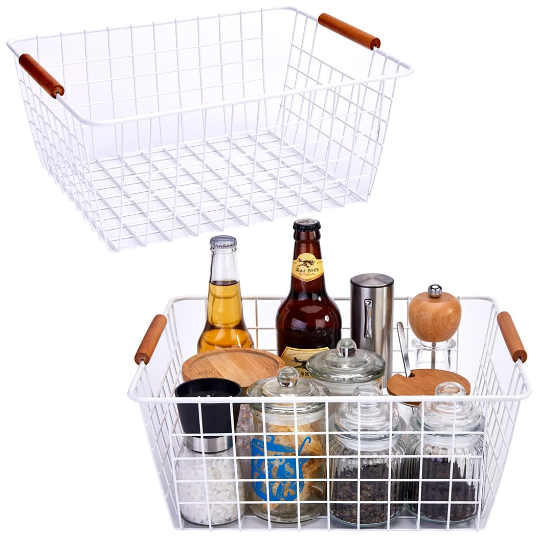 LeleCAT large white wire basket with wooden handles for pantry organization.