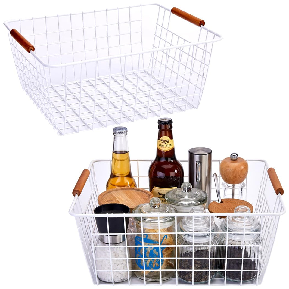 LeleCAT large white wire basket with wooden handles for pantry organization.