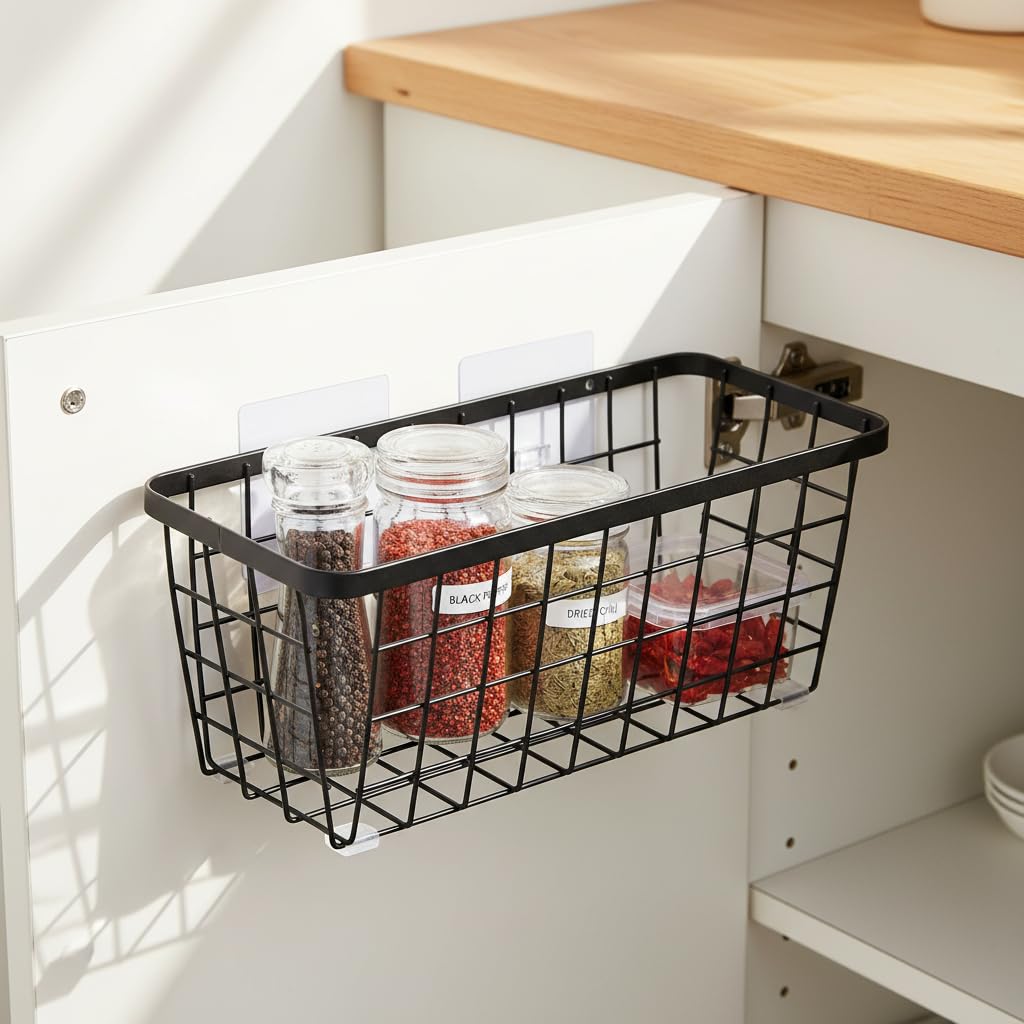 LeleCAT matte-black wire basket adds space-saving pantry storage.
