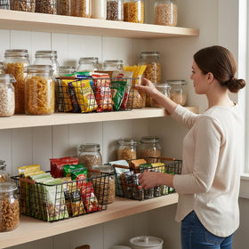 LeleCAT pantry fridge organizer basket keeps items visible and accessible.