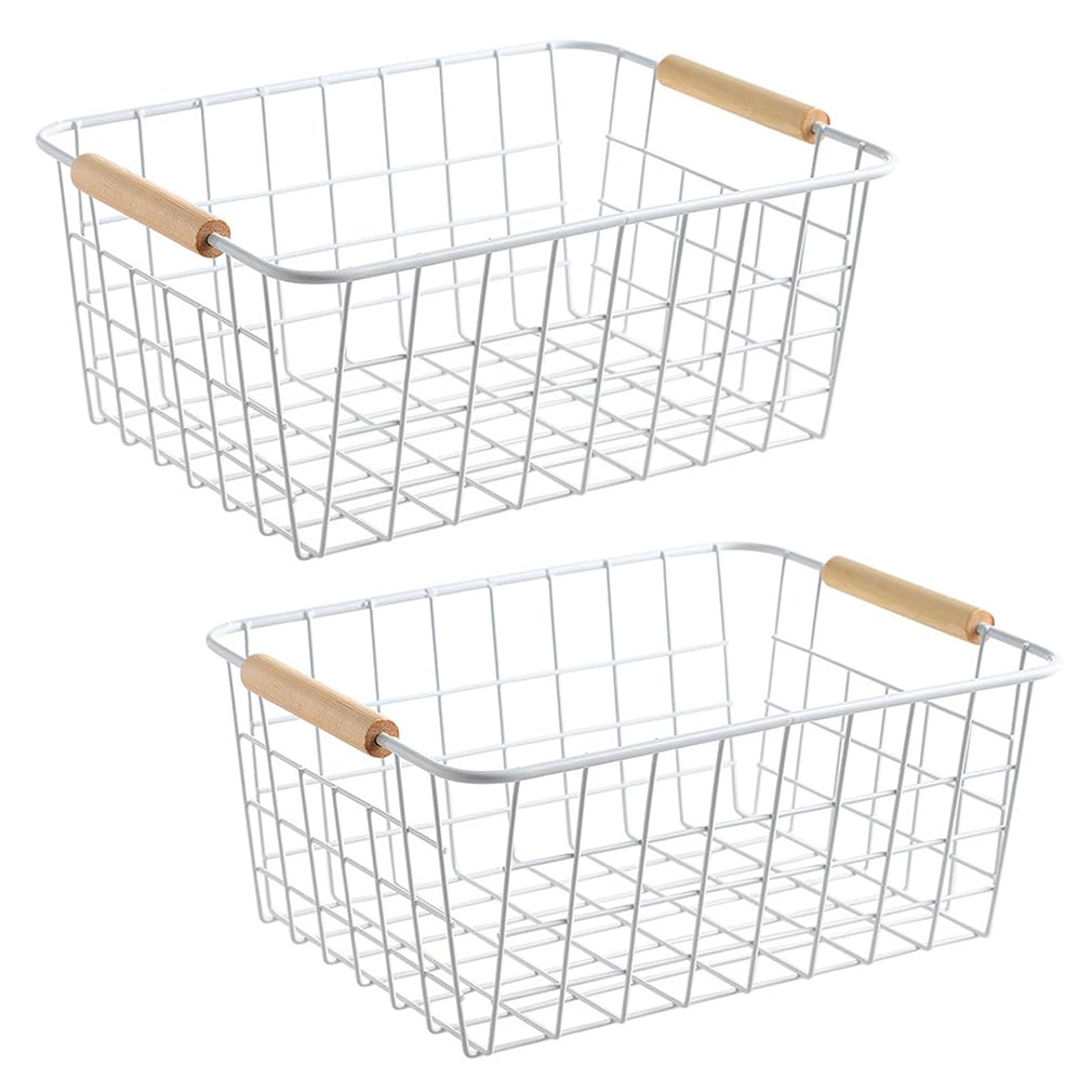 LeleCAT white wire baskets with wooden handles for versatile storage and transport