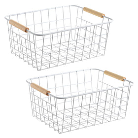 LeleCAT white wire baskets with wooden handles for versatile storage and transport