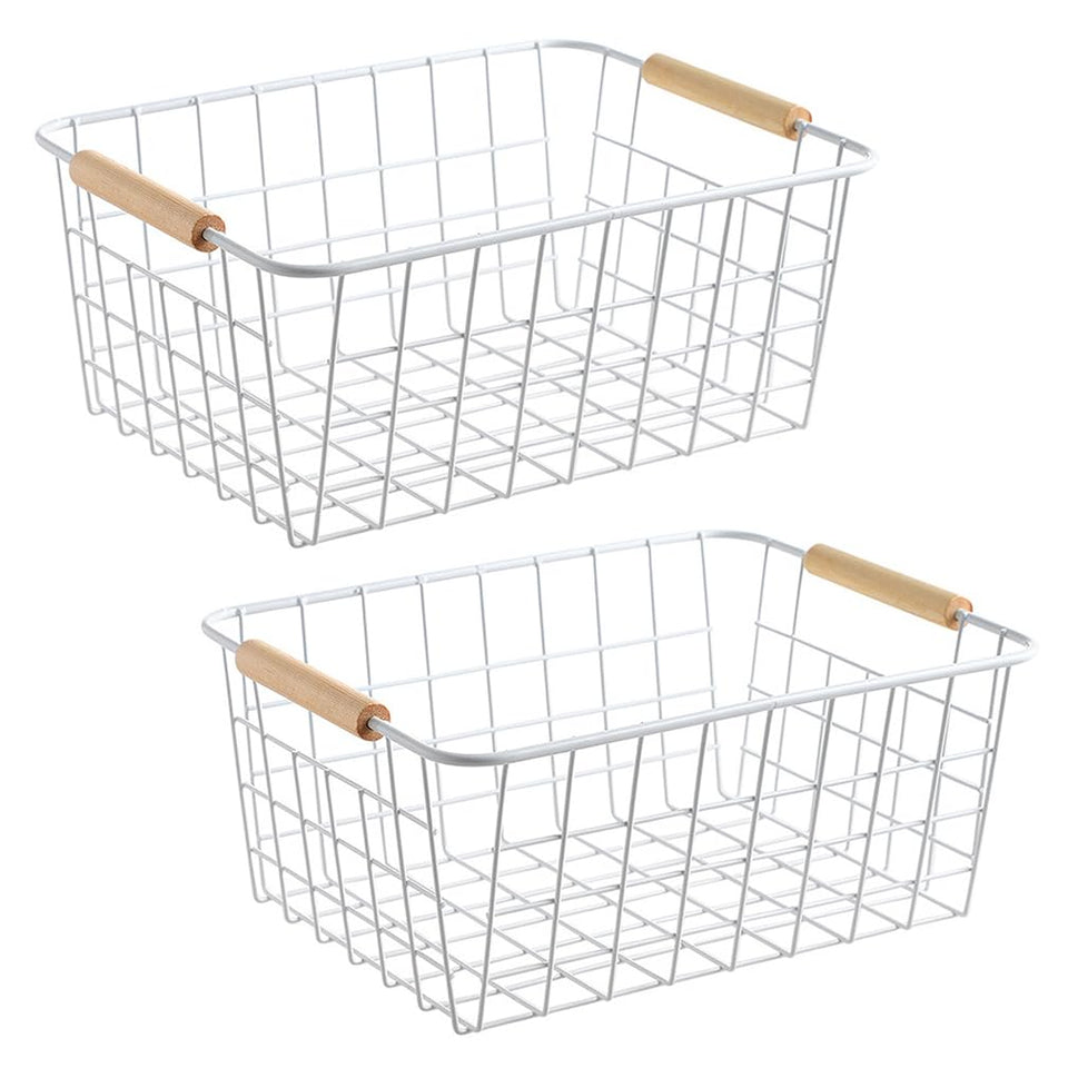 LeleCAT white wire baskets with wooden handles for versatile storage and transport