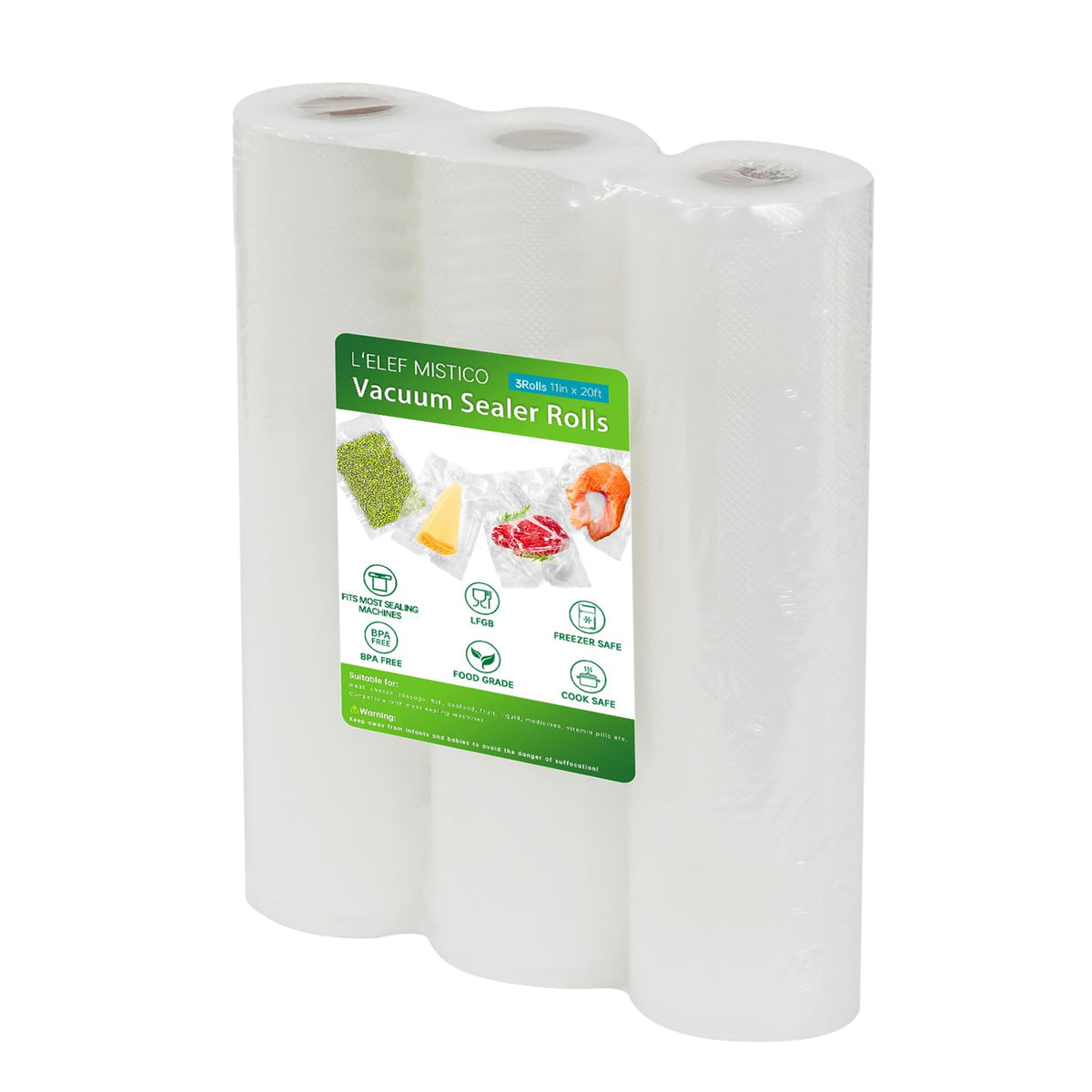 L'ELEF MISTICO vacuum bag roll set for organized meal prep.