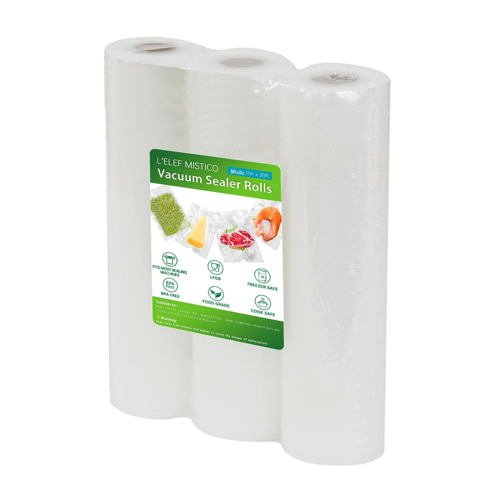 L'ELEF MISTICO vacuum bag roll set for organized meal prep.