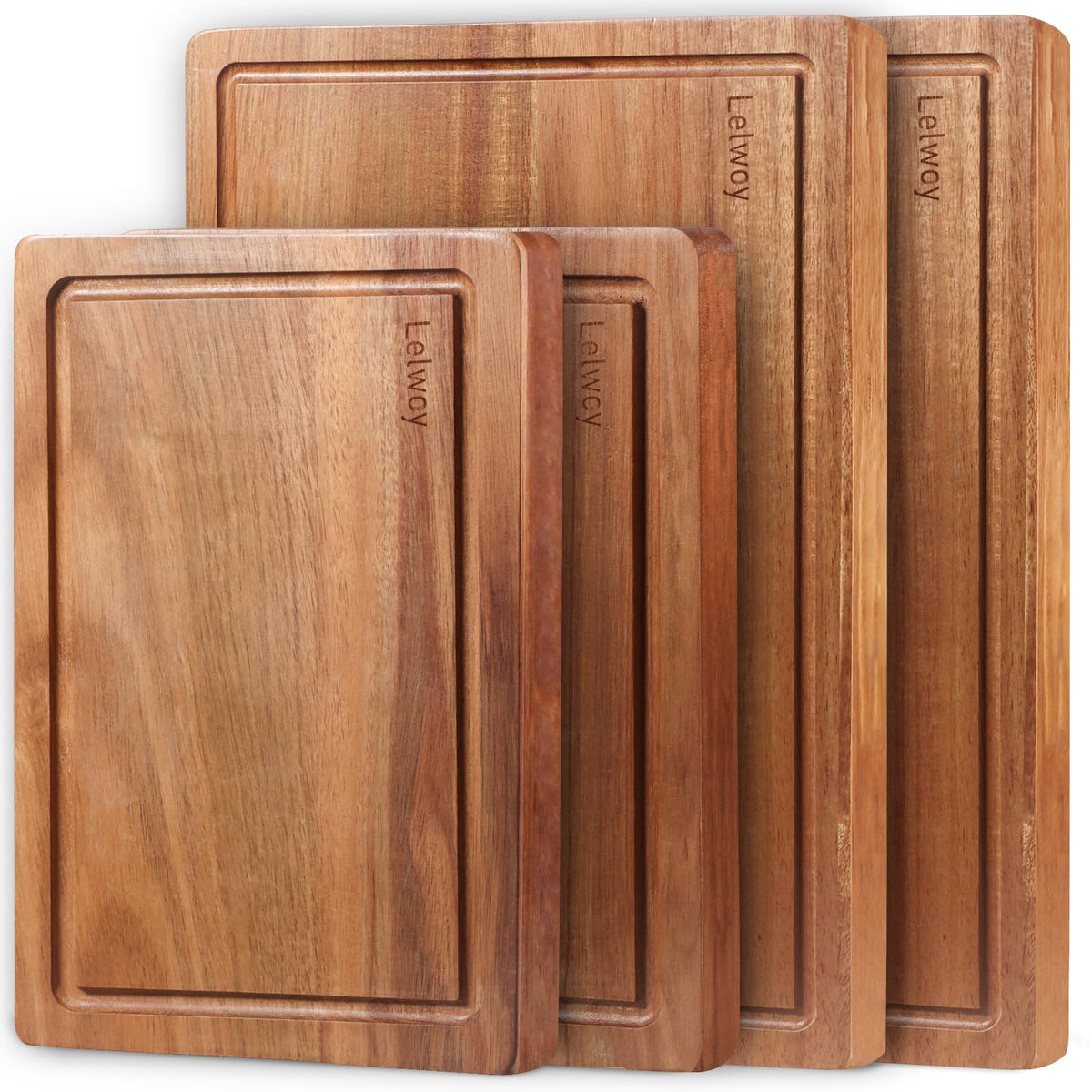 Lelwoy acacia cutting boards set in four sizes for versatile kitchen prep.