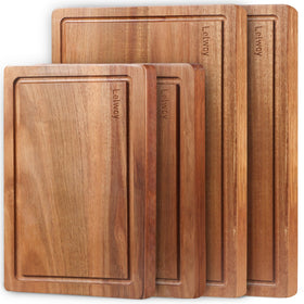 Lelwoy acacia cutting boards set in four sizes for versatile kitchen prep.