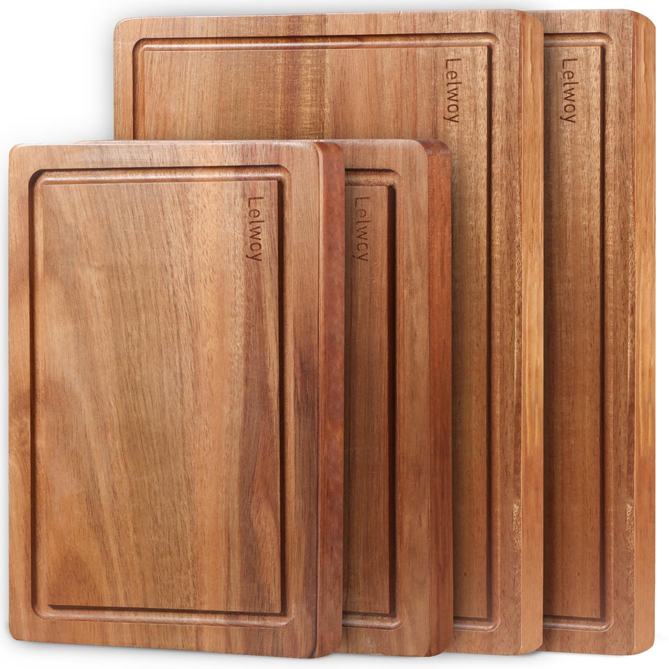Lelwoy acacia cutting boards set in four sizes for versatile kitchen prep.