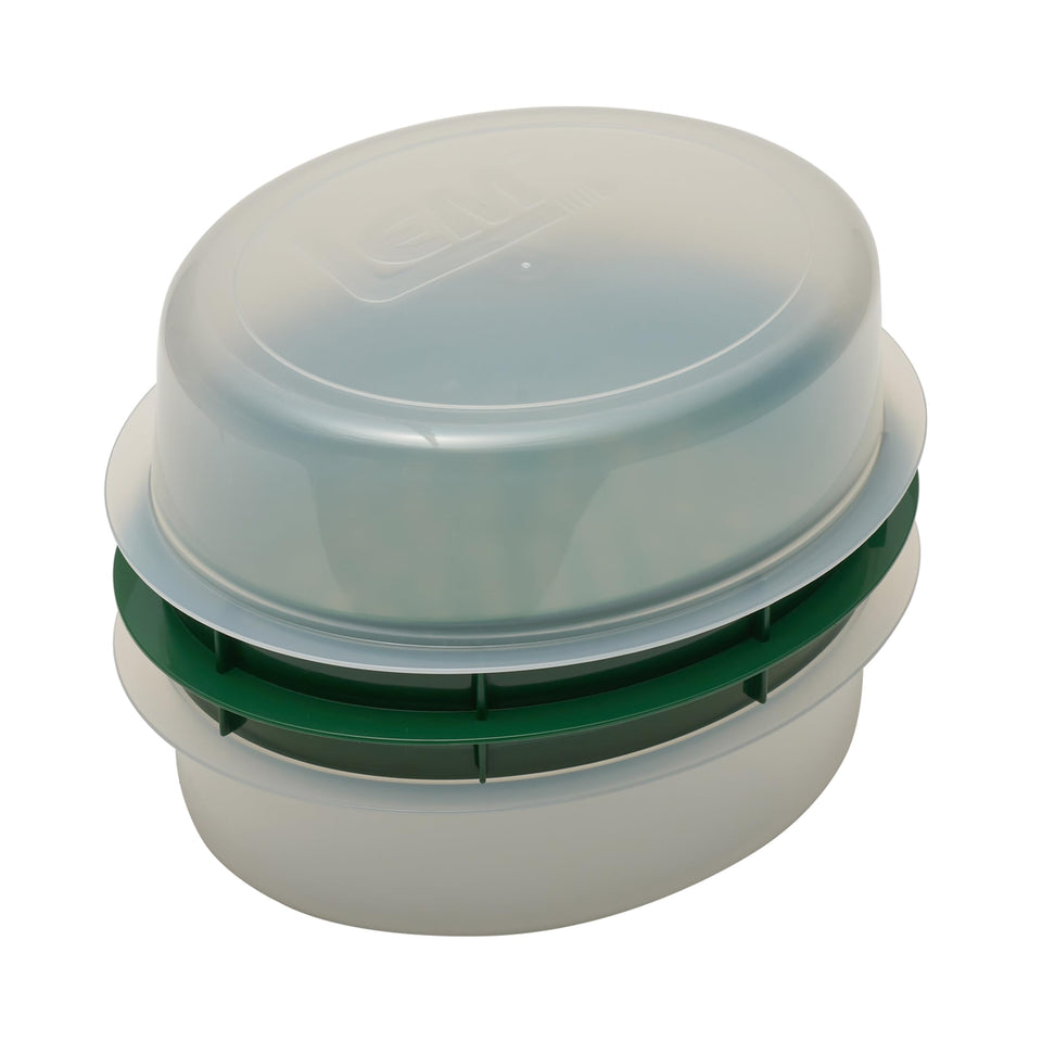 LEM Batter Bowl with lid-locked design keeps flour spills away during breading.