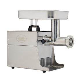 LEM BigBite #8 meat grinder front view illustrating sturdy stainless steel build for efficient grinding