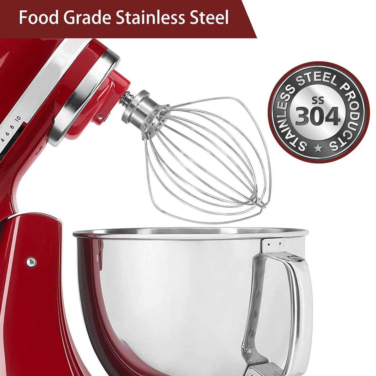 LEMEENQ stand mixer whisk attachment in stainless steel, easy dishwasher cleanup.