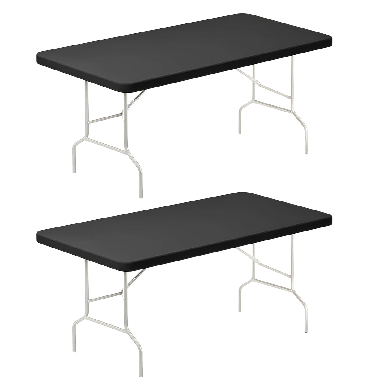 Lemict 6ft black spandex table cloth on folding table with elastic edge for secure outdoor use.