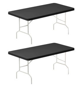Lemict 6ft black spandex table cloth on folding table with elastic edge for secure outdoor use.