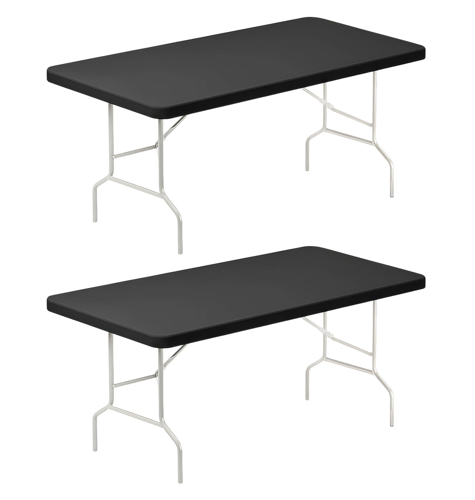Lemict 6ft black spandex table cloth on folding table with elastic edge for secure outdoor use.
