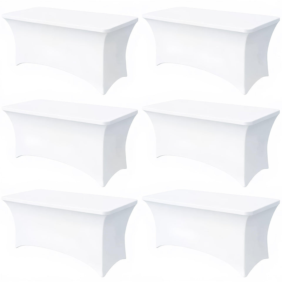 Lemict 6ft white tablecloth with leg pockets for secure fit.