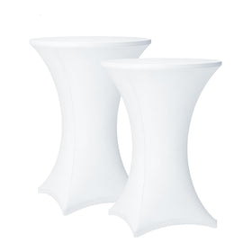 Lemict cocktail table covers in white for 32x43 inch rounds, delivering a clean event look.