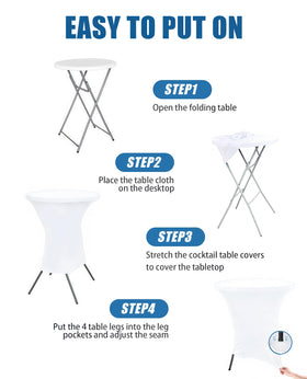 Lemict easy-setup tablecloth in white rounds over high-top tables.