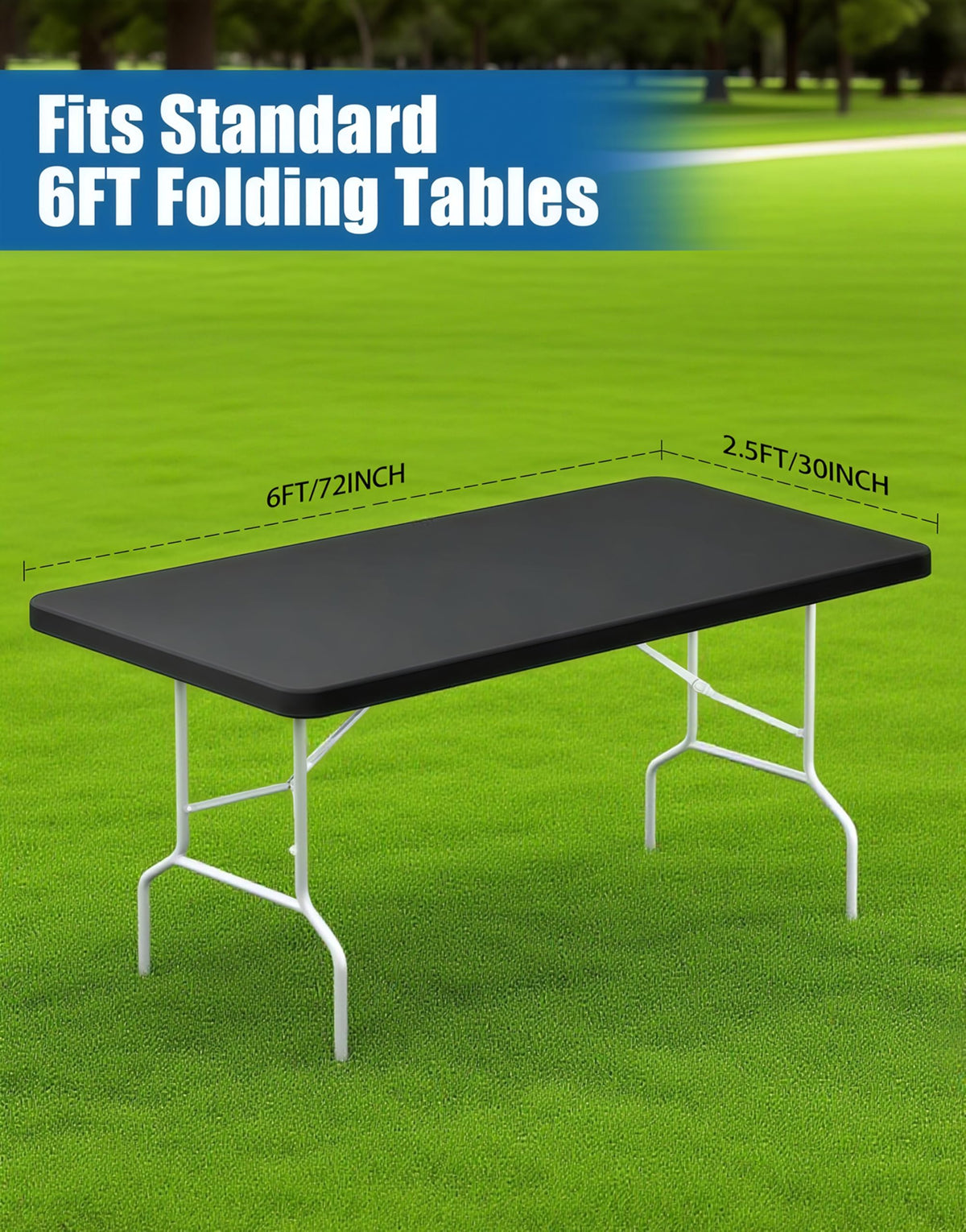 Lemict elastic-edge table cover on 72x30 table remains in place during wind