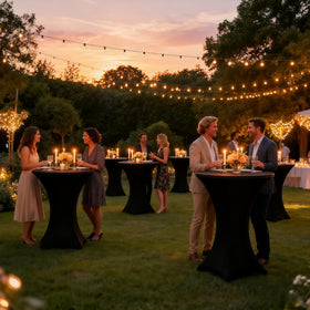 Lemict round high-top tablecloth 32x43 inches fits securely, ideal for windy outdoor setups.
