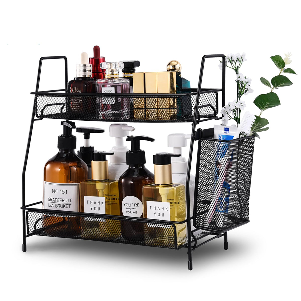 LEMIKKLE 2-Tier bathroom organizer in black keeps cosmetics neatly accessible on the countertop.