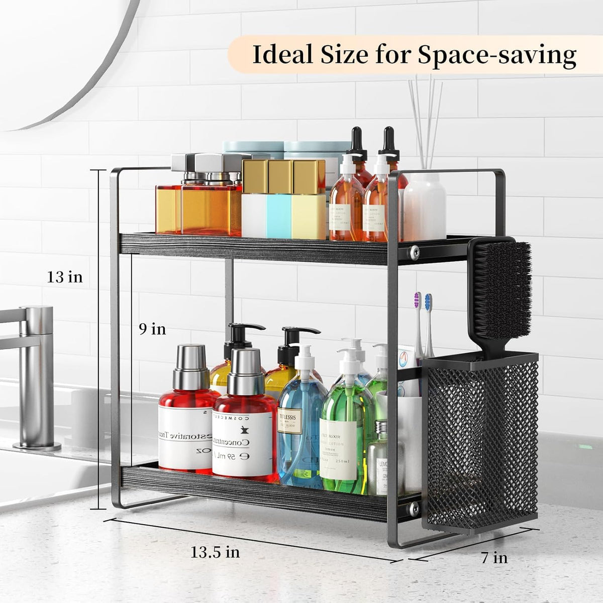 LEMIKKLE side basket organizer holds brushes and grooming tools for quick access.