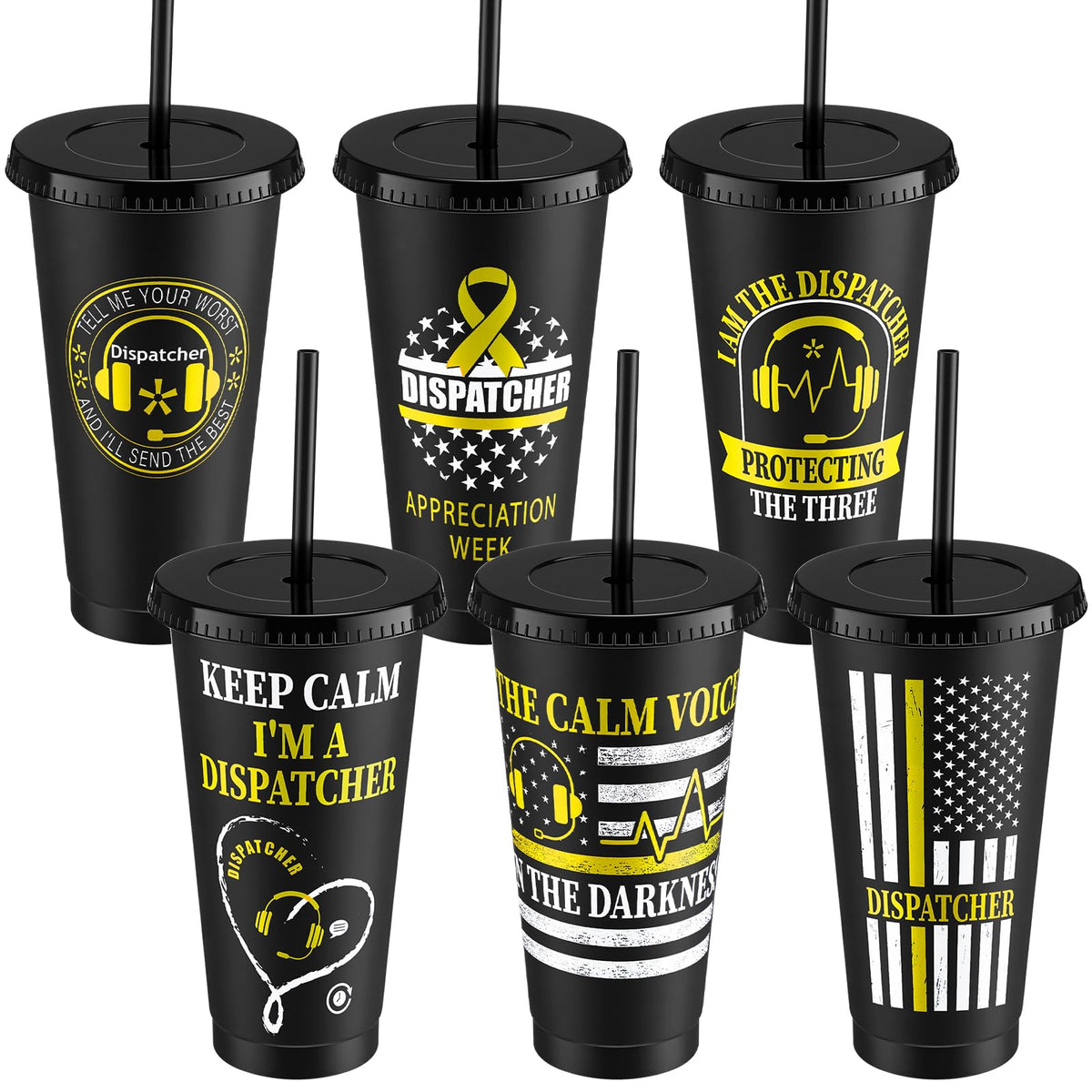 LemonRoad dispatcher tumbler six-pack with black lid and gold accents for gifting.