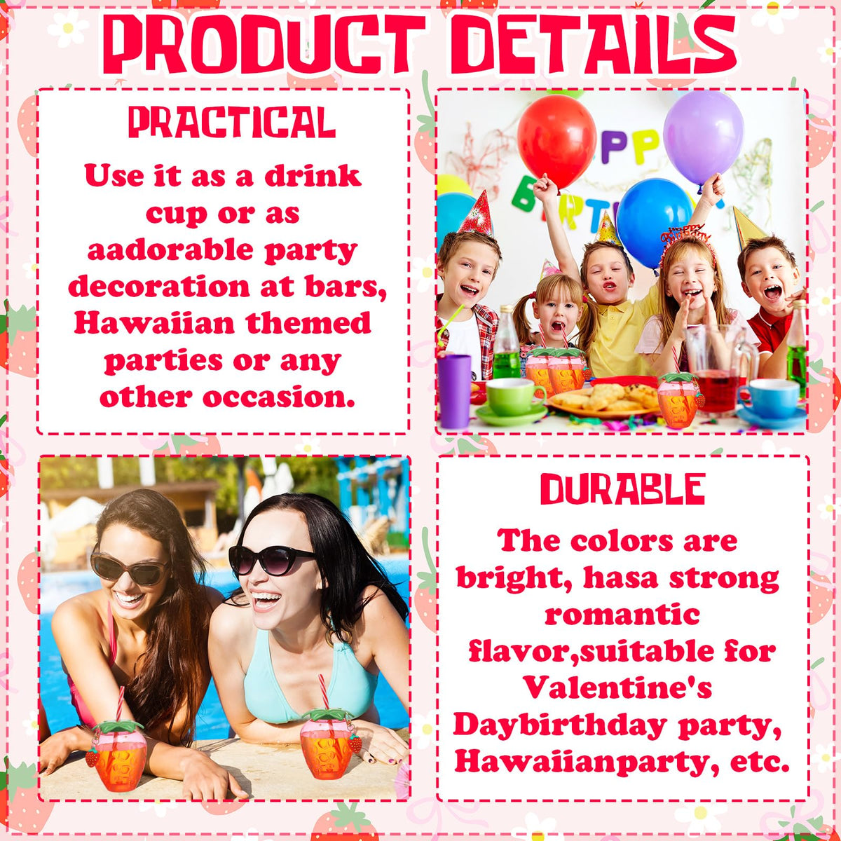 LemonRoad strawberry cups suit cold drinks at tropical, Hawaiian-themed celebrations.