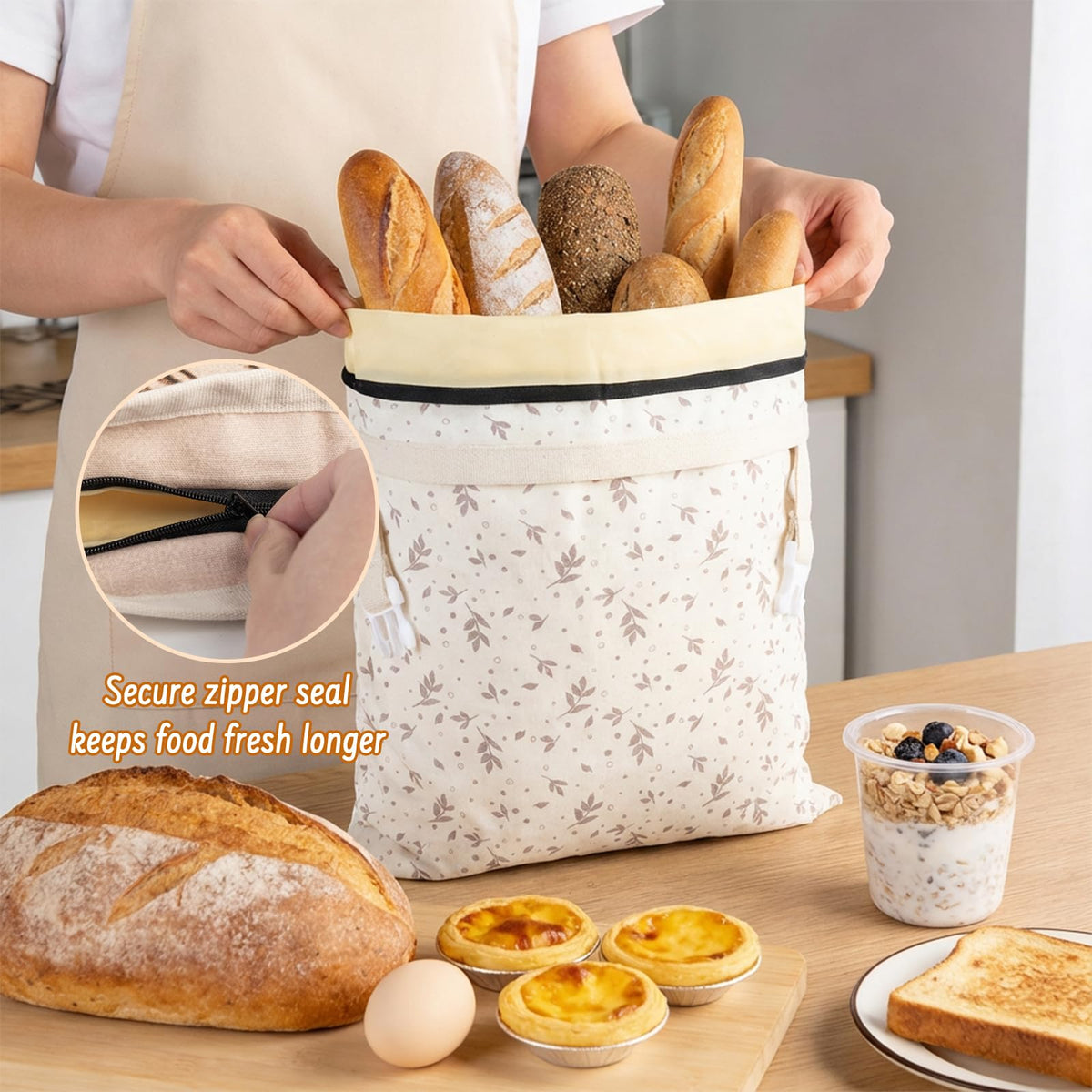 Lemoobolsa beeswax bread bag with loaf inside illustrates fresh interior