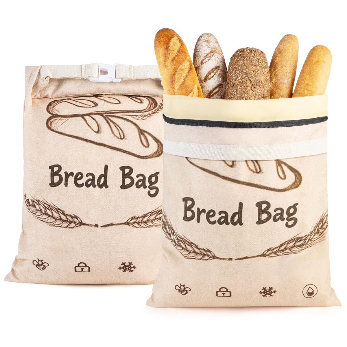 Lemoobolsa beeswax bread bags with zipper open for fresh, breathable loaf storage.