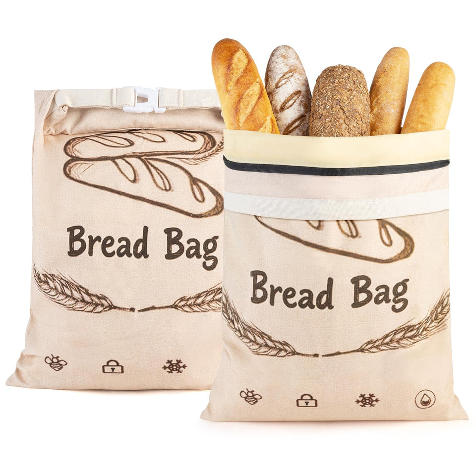 Lemoobolsa beeswax bread bags with zipper open for fresh, breathable loaf storage.