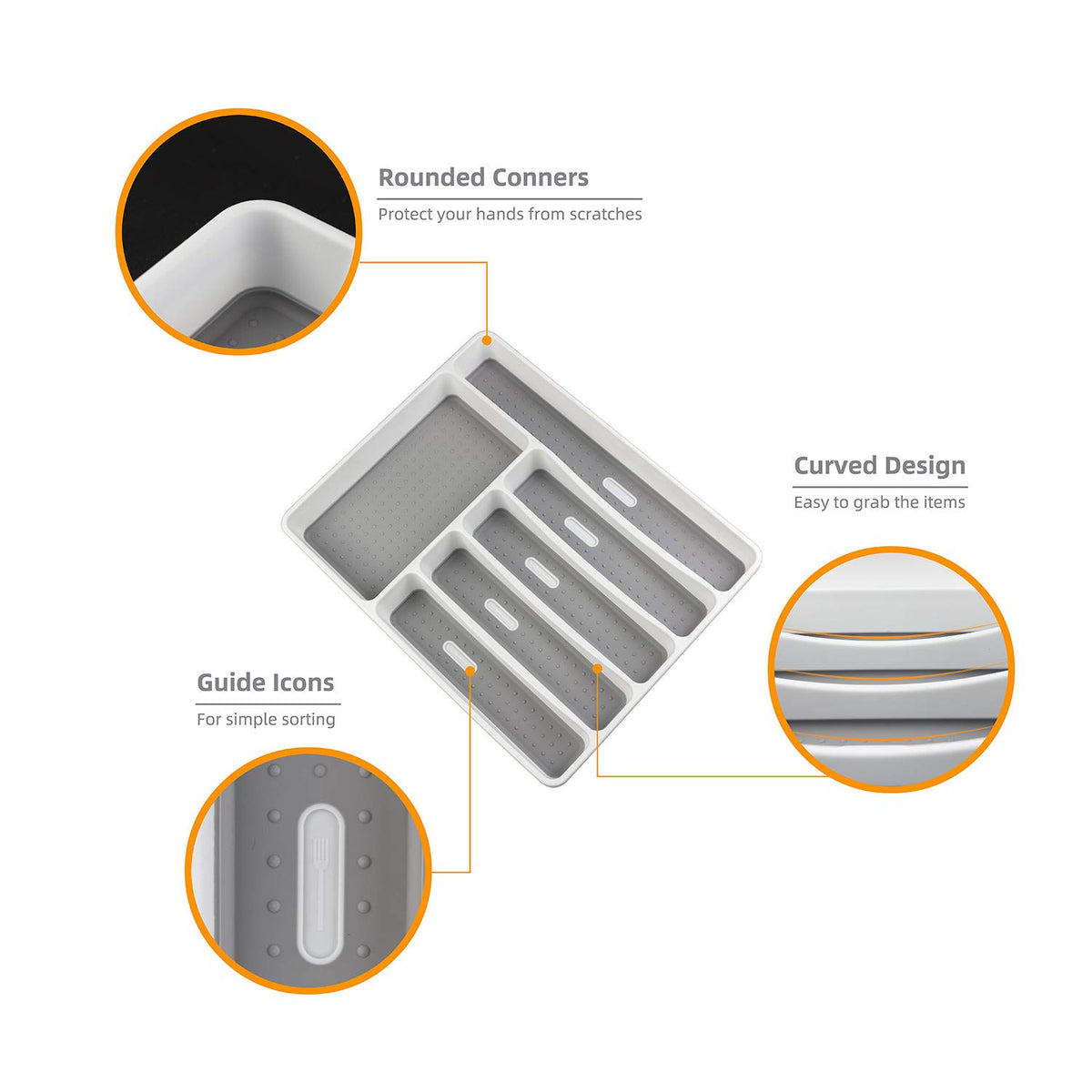 LeMuna six-compartment tray fits standard kitchen drawers