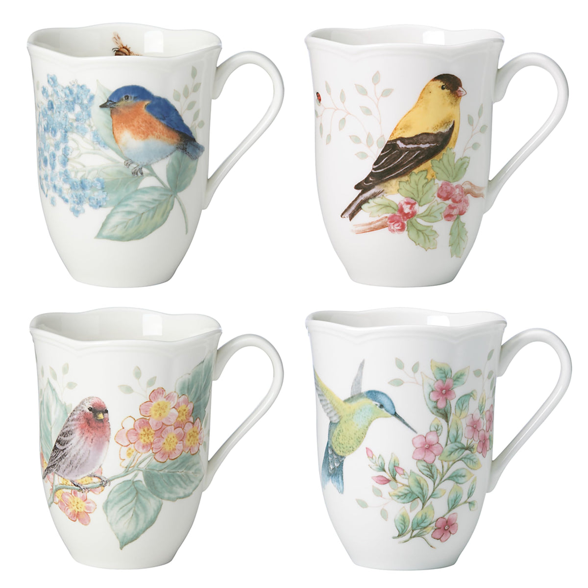 Lenox Butterfly Meadow Flutter mug set four-piece display vibrant patterns for everyday coffee moments