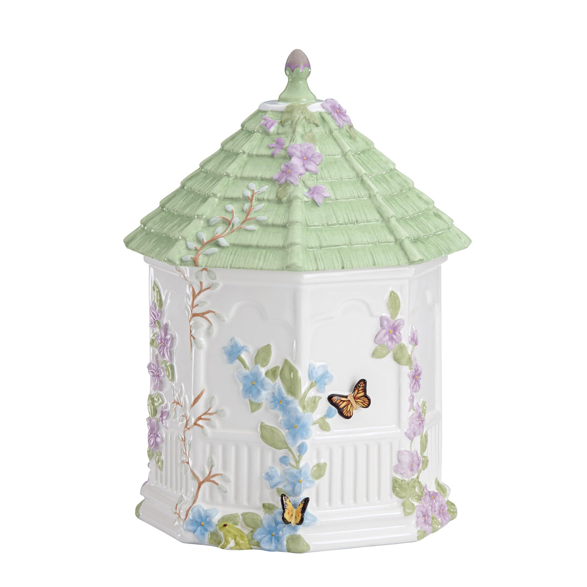 Lenox Butterfly Meadow Gazebo Cookie Jar close-up showing floral butterflies and fresh-seal lid.