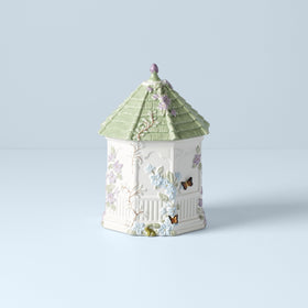 Lenox Butterfly Meadow Gazebo Cookie Jar front view highlighting white porcelain and freshness seal.