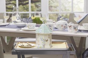 Lenox Butterfly Meadow Gazebo Cookie Jar 10-inch tall on a kitchen counter.