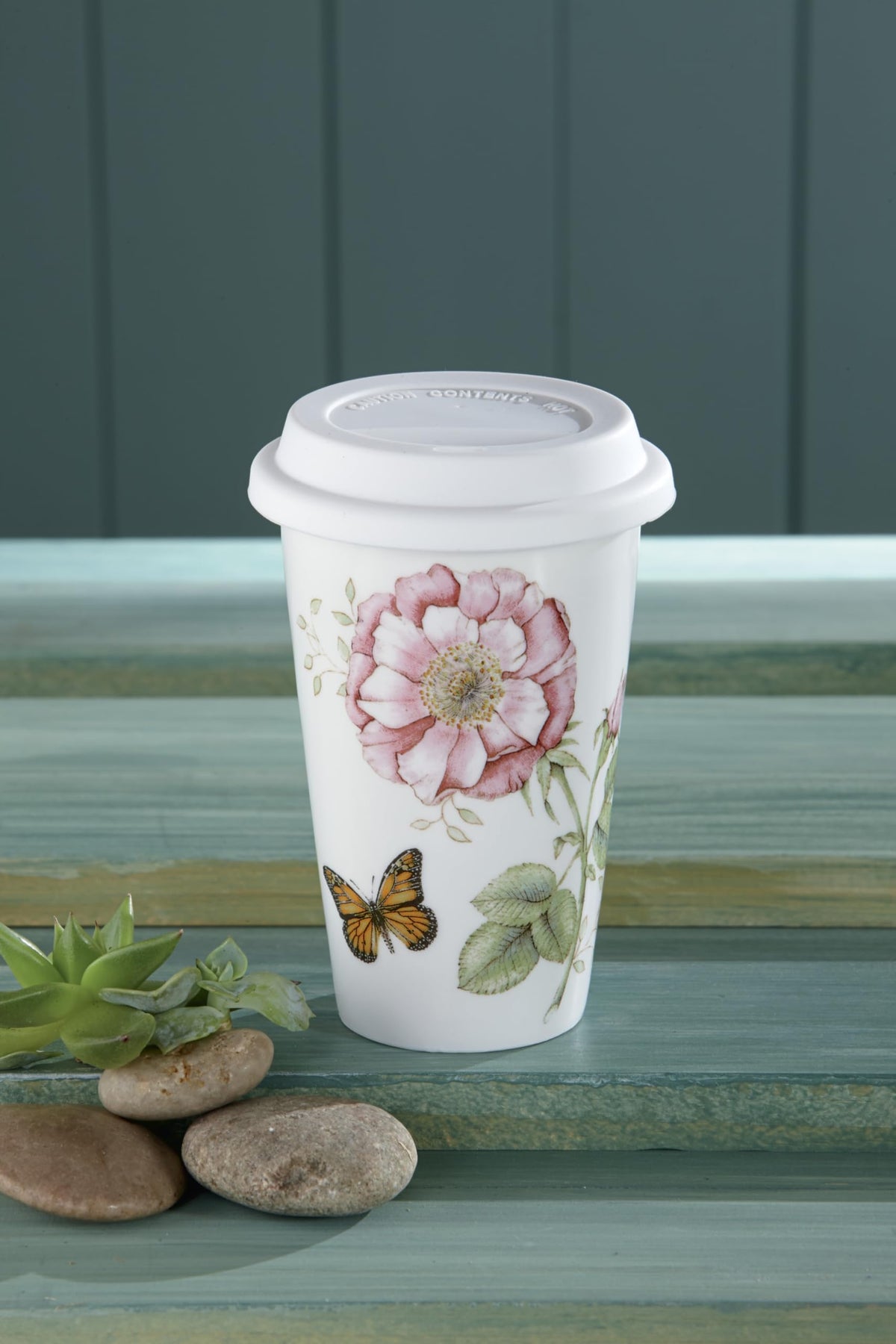 Lenox Butterfly Meadow mug front view showing vibrant pattern adds charm to coffee breaks.