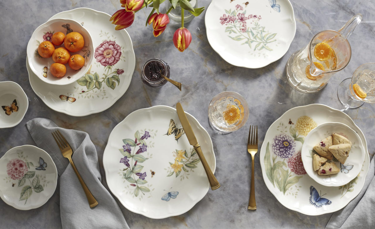 Lenox Butterfly Meadow mugs are microwave-safe for everyday beverages.