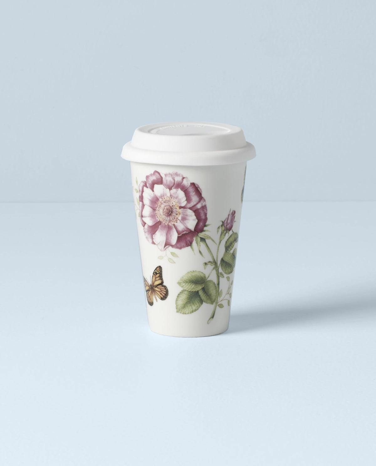 Lenox Butterfly Meadow thermal mug closeup showcases scalloped edge and butterfly details for elegant sipping.