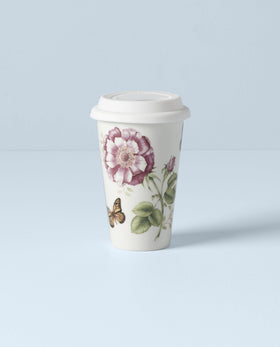 Lenox Butterfly Meadow thermal mug closeup showcases scalloped edge and butterfly details for elegant sipping.