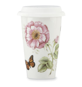 Lenox Butterfly Meadow thermal travel mug with white lid for hot or cold drinks on the move.