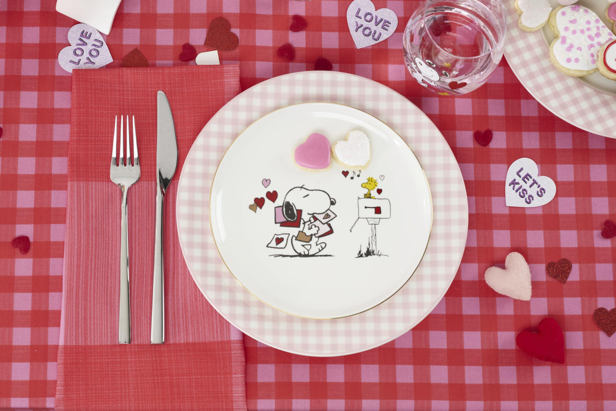 Lenox Gingham pink dinner plate overhead view for stylish table setup.