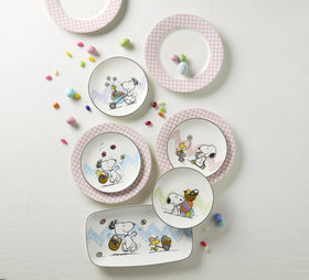 Lenox Gingham pink dinner plate safe for microwave and dishwasher.