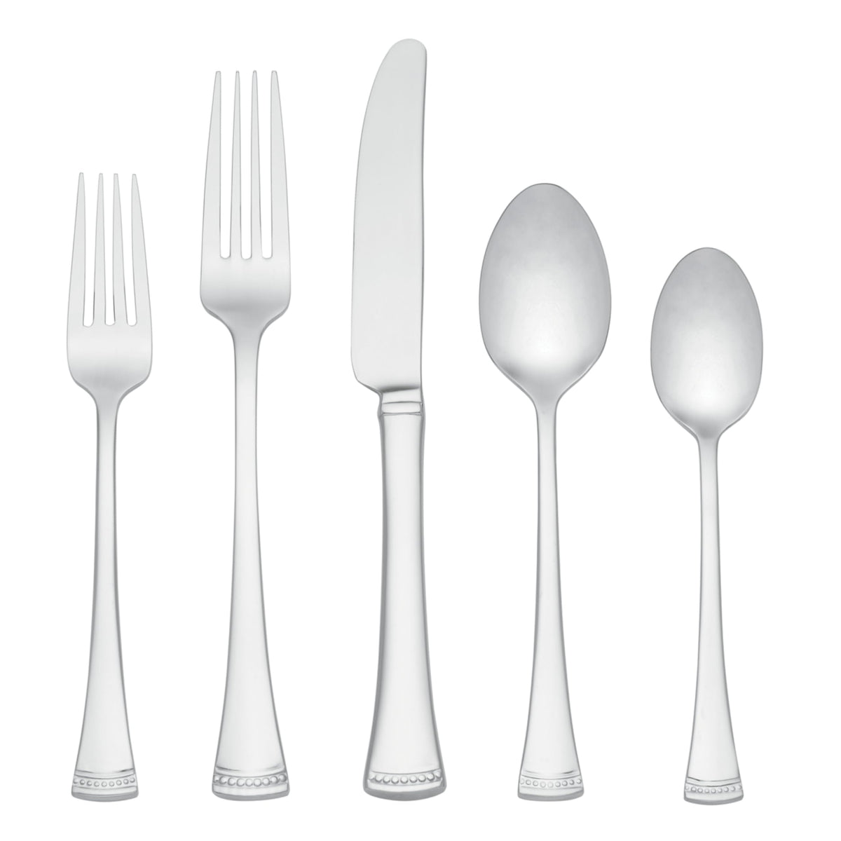 Lenox Portola 20-piece flatware set full view with mirror finish, elevating tableware.
