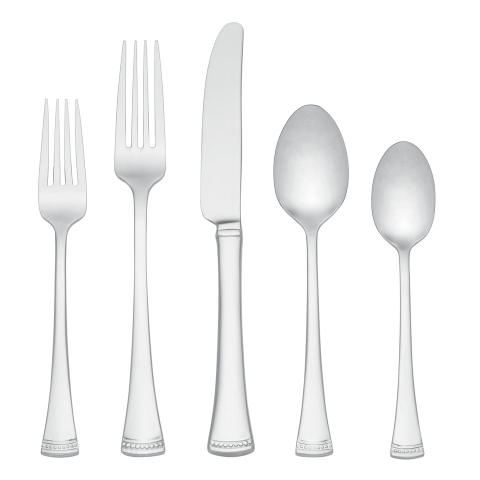 Lenox Portola 20-piece flatware set full view with mirror finish, elevating tableware.