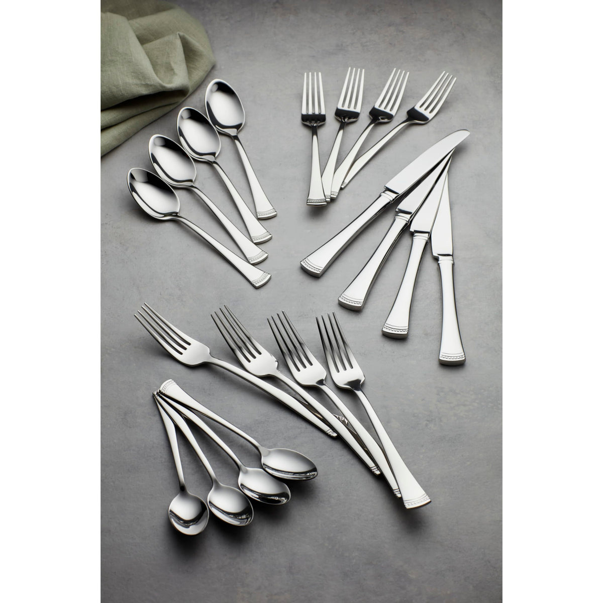 Lenox Portola teaspoons with flared handles and beaded channel, for elegant dining.